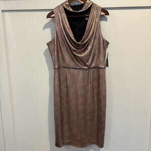 NWT Cachet Dress Women 14‎ Gold Metallic Jersey Sheath Midi Cocktail Cowl Neck